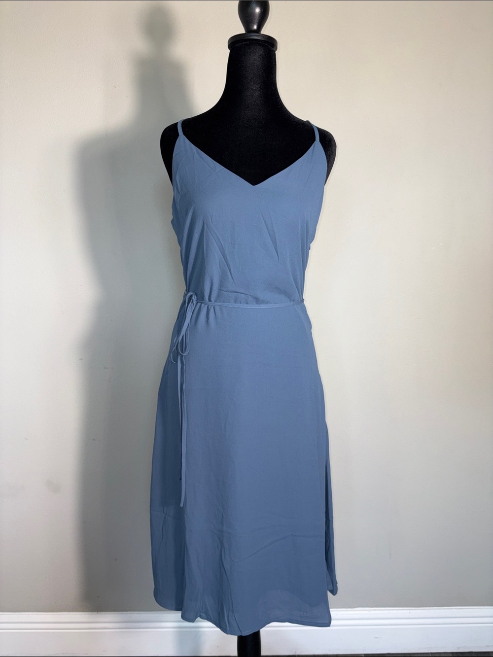 Lulu's Dusty Blue V-Neck Midi Slip Dress with Side Tie